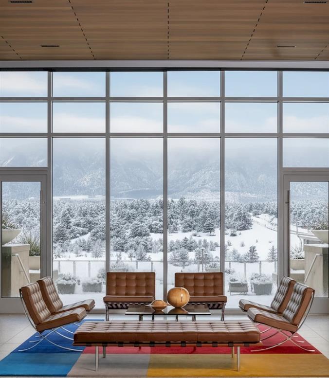 Snowy mountains behind a lobby