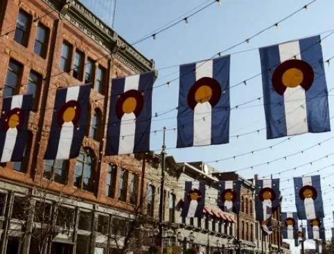 Flags hanging across the street