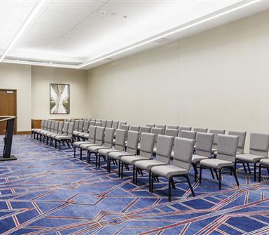 Conference room set theater-style with rows of gray chairs facing a lectern, framed artwork, and blue geometric patterned carpet.