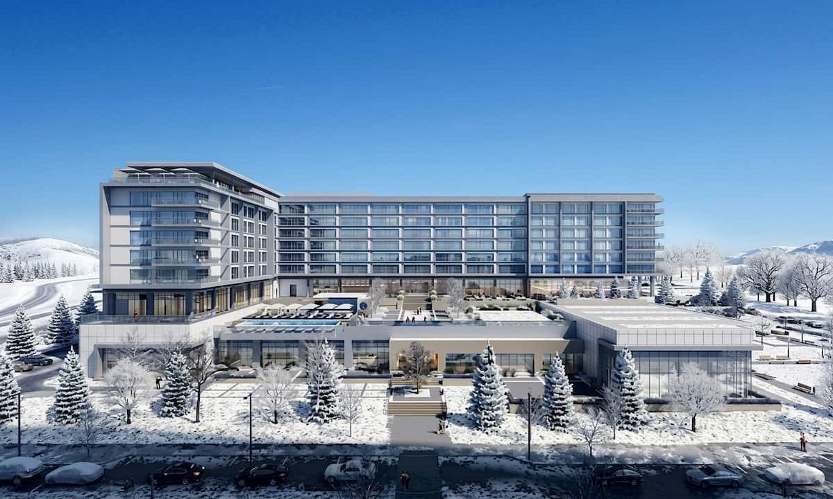 exterior of hotel on a snowy day